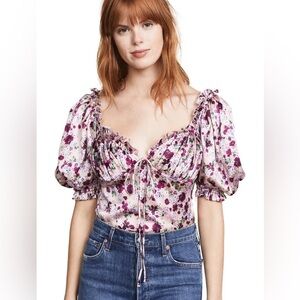 Ronny Kobo Collection Deisha Dusty Rose Floral Stretch Silk Top Puff Sleeves